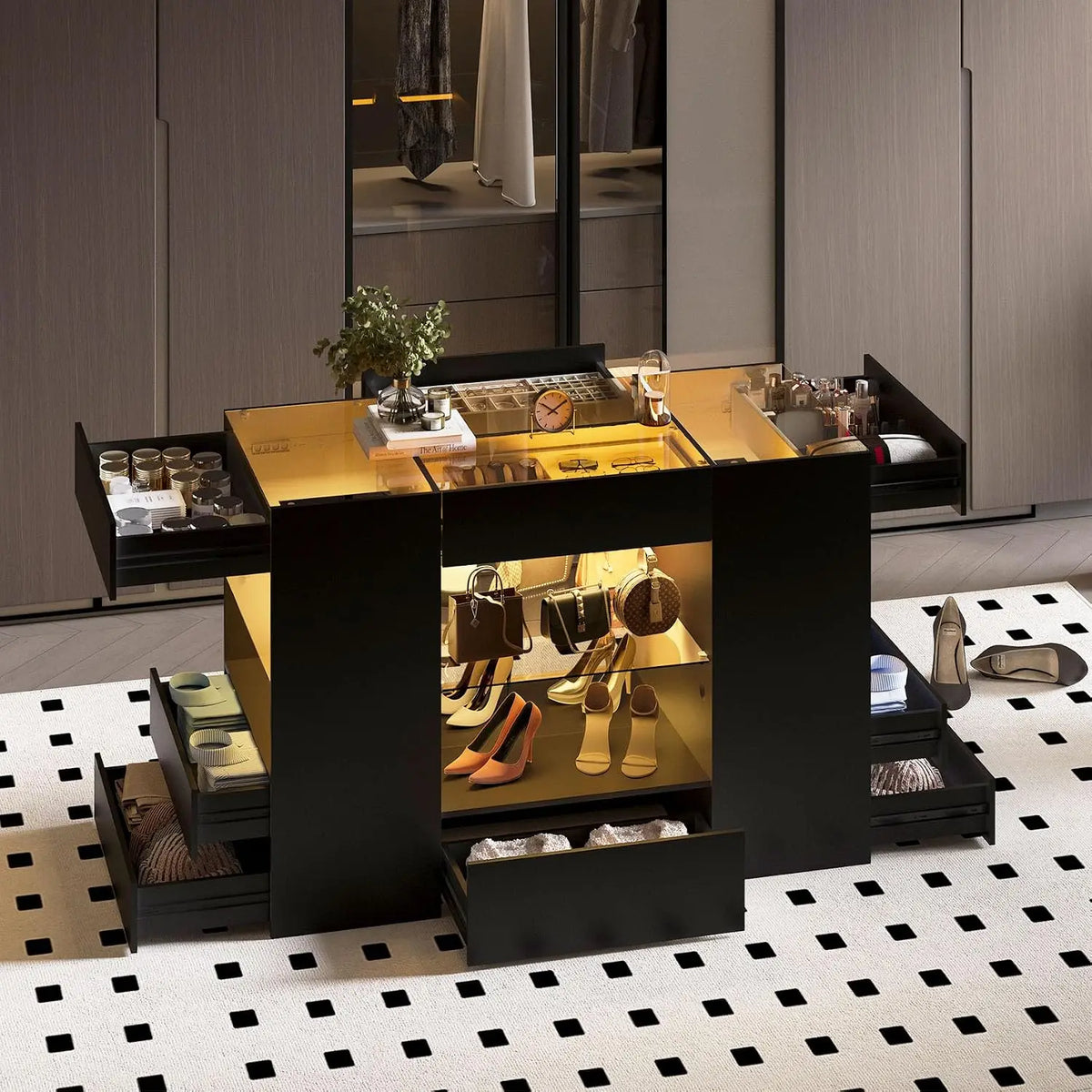 Closet Island with 10 Drawers & LED, Glass Top Wardrobe with Shelf for Walk-in Cloakroom & Dressing Room, Customized