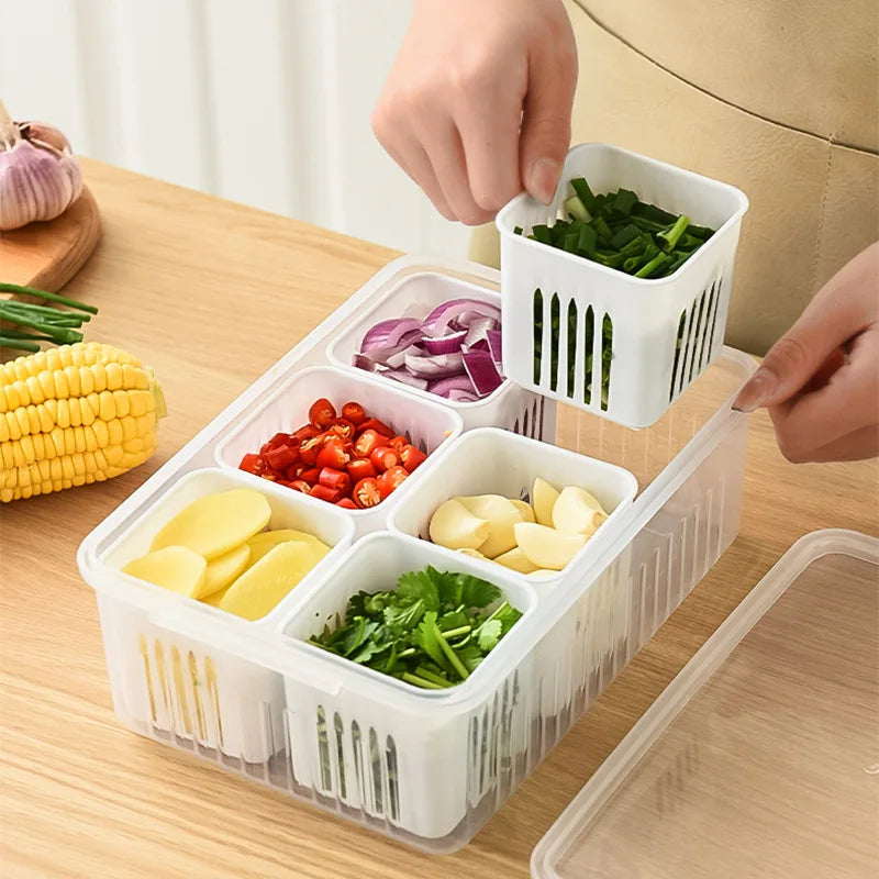 4/6 Grid Food Storage Box with Lids Kitchen Food Meat Onion Ginger Garlic Vegetable Fruit Fresh-keeping Storage Drain Basket Box