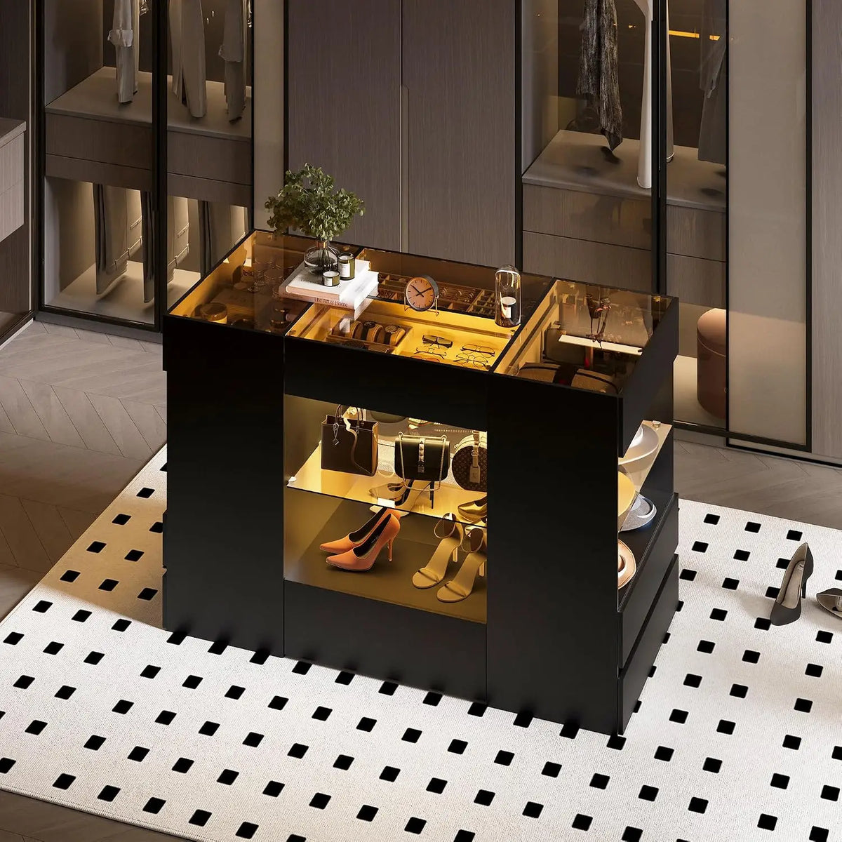 Closet Island with 10 Drawers & LED, Glass Top Wardrobe with Shelf for Walk-in Cloakroom & Dressing Room, Customized