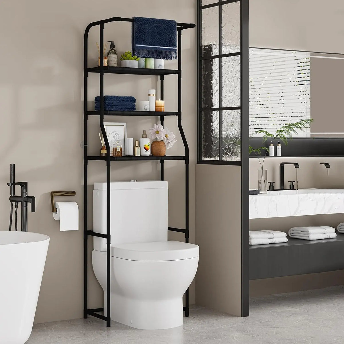 Over The Toilet Storage Shelf 3-Tier Freestanding Bathroom Organizer with Towel Rack Space Saver Cabinet Shelves Unit