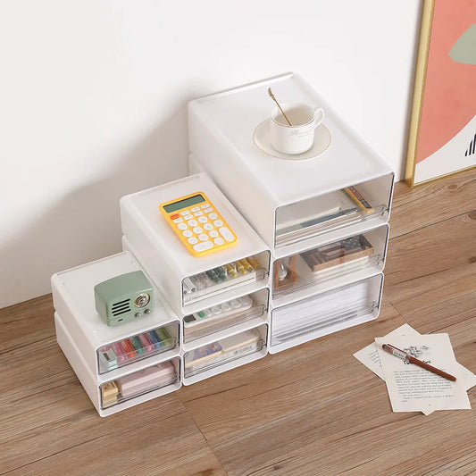Stackable Drawer Organizer Desktop Storage Box Portable Cabinet for Office & Study Transparent Drawers with Combination Design