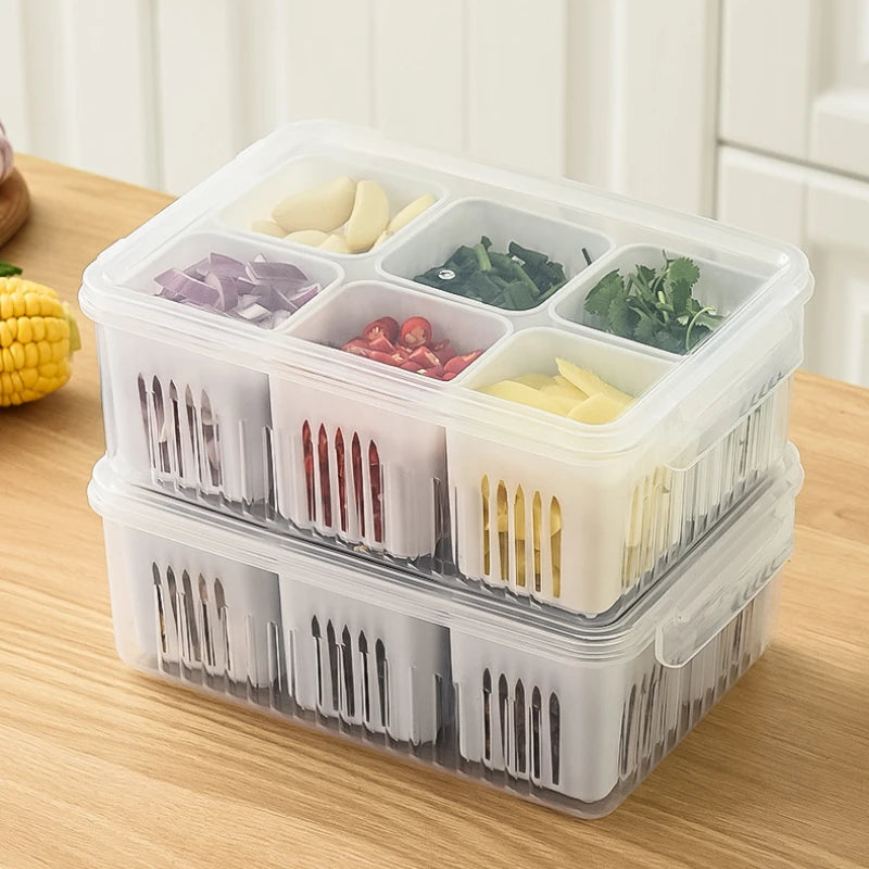 4/6 Grid Food Storage Box with Lids Kitchen Food Meat Onion Ginger Garlic Vegetable Fruit Fresh-keeping Storage Drain Basket Box