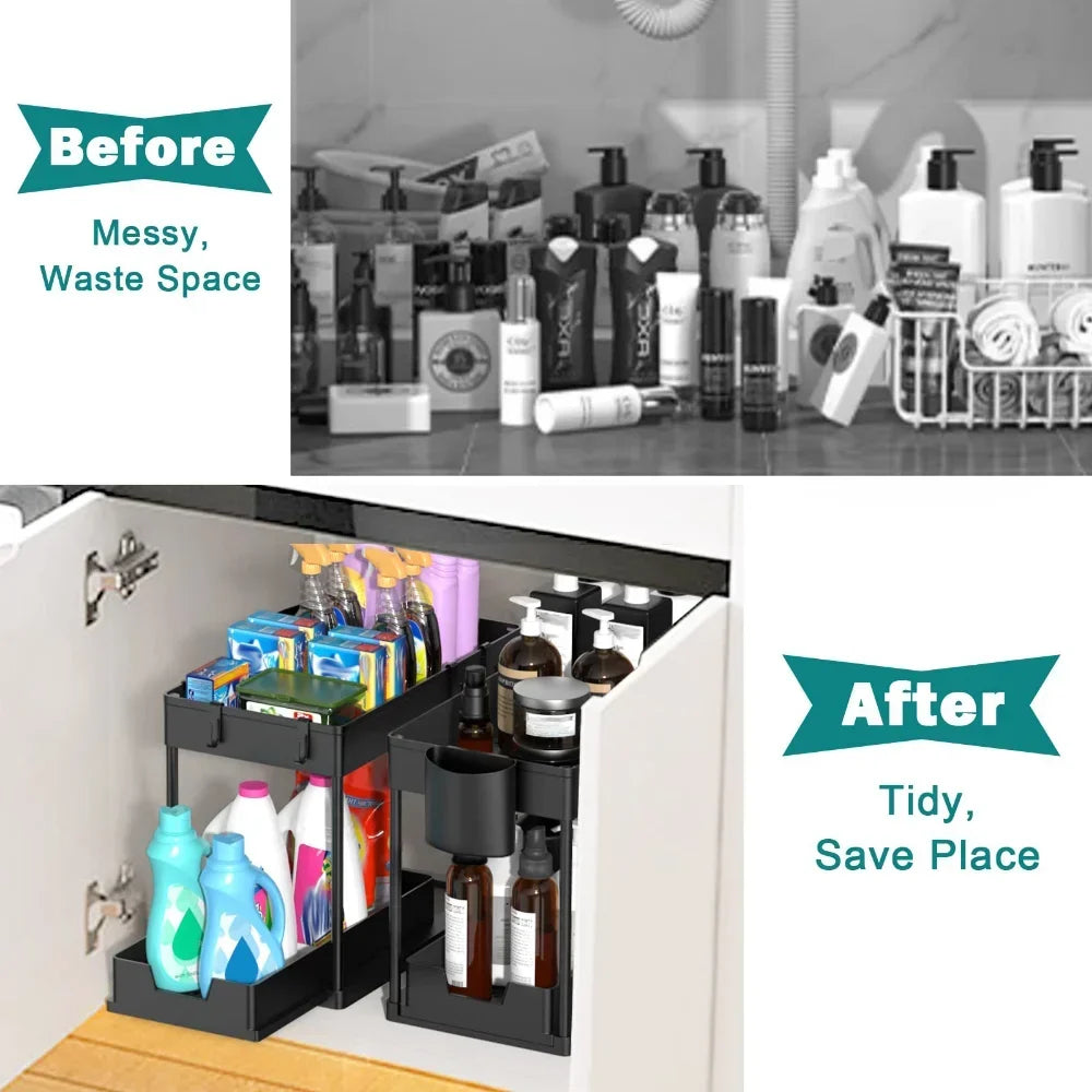 Under Sink Organizers and Storage Large Capacity Heavy Load Pull-out Under Sink Shelves with Sliding Drawer for Kitchen Bathroom