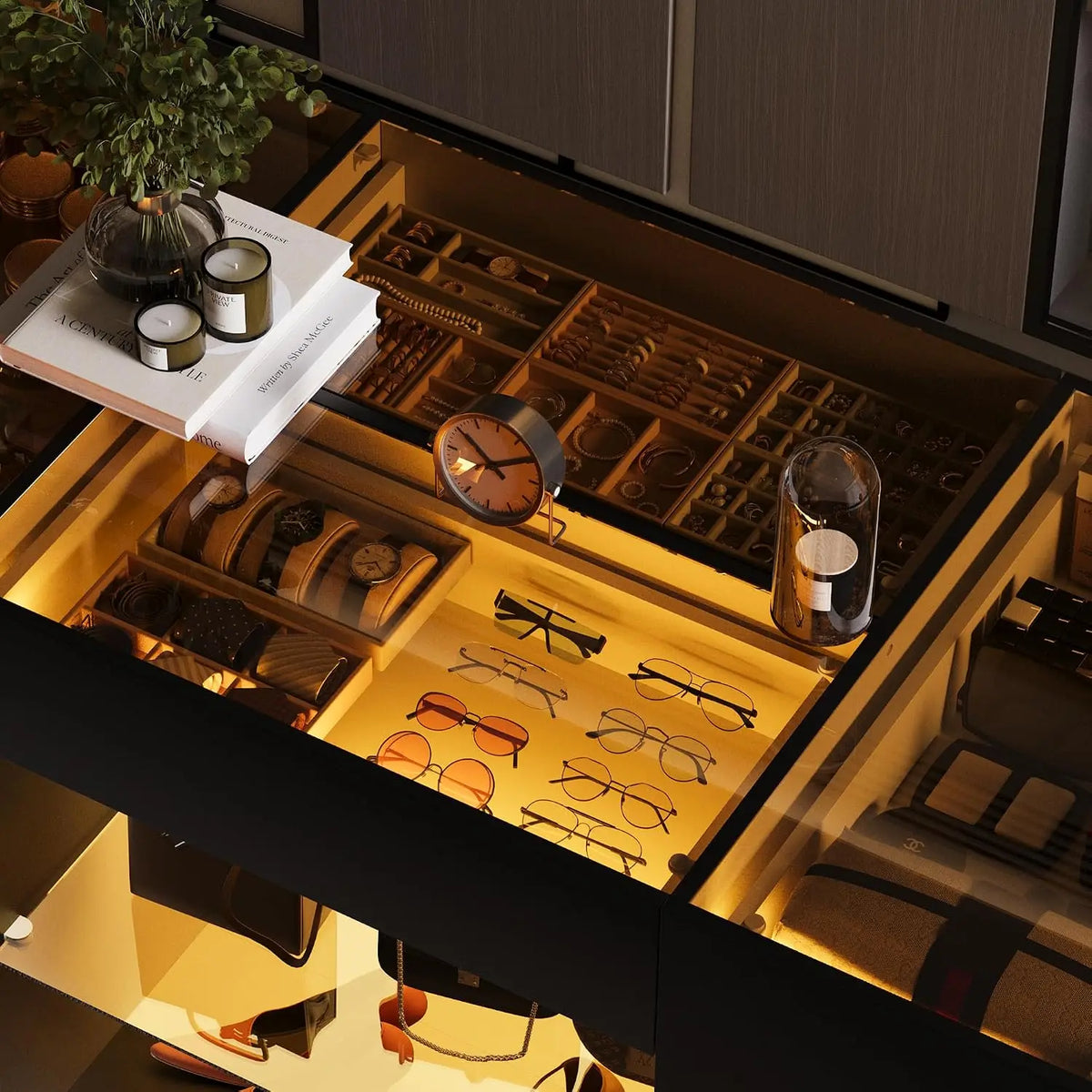 Closet Island with 10 Drawers & LED, Glass Top Wardrobe with Shelf for Walk-in Cloakroom & Dressing Room, Customized