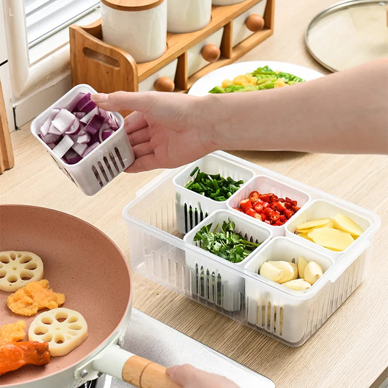 4/6 Grid Food Storage Box with Lids Kitchen Food Meat Onion Ginger Garlic Vegetable Fruit Fresh-keeping Storage Drain Basket Box