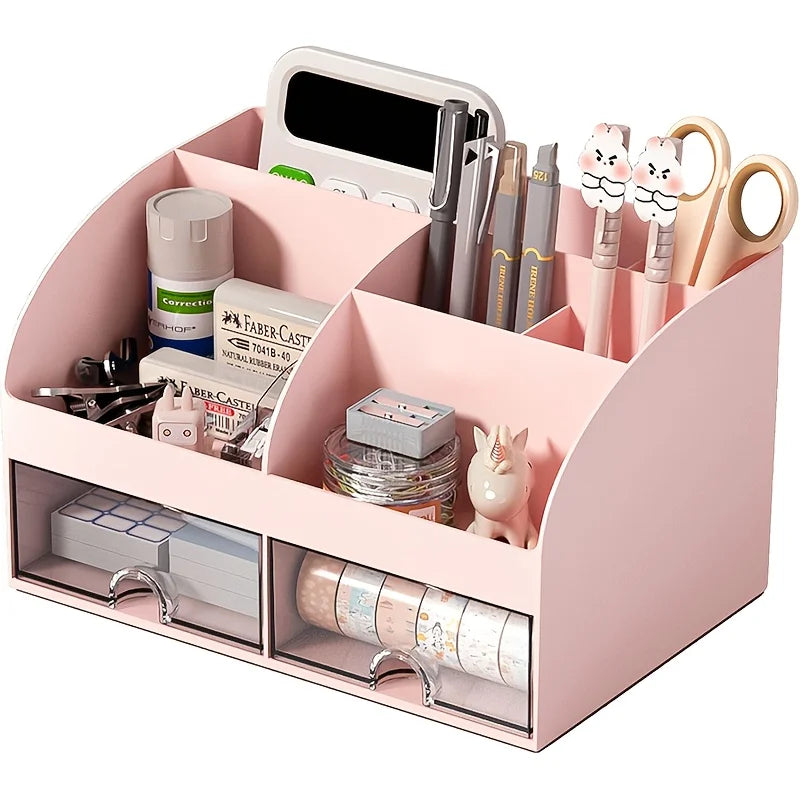 6-compartment Desk Organizer with 2 Drawers, Plastic Cosmetic Storage, Desktop Organizer Set, Pencil Holder, Perfect for Storage