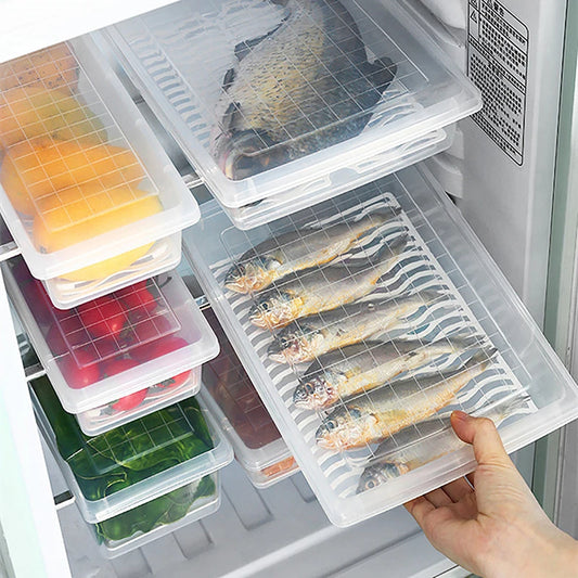 Food Fresh Storage Box Containers Kitchen Fridge Organizer Case Removable Drain Plate Tray For Keep Fruits Vegetables Meat Fish