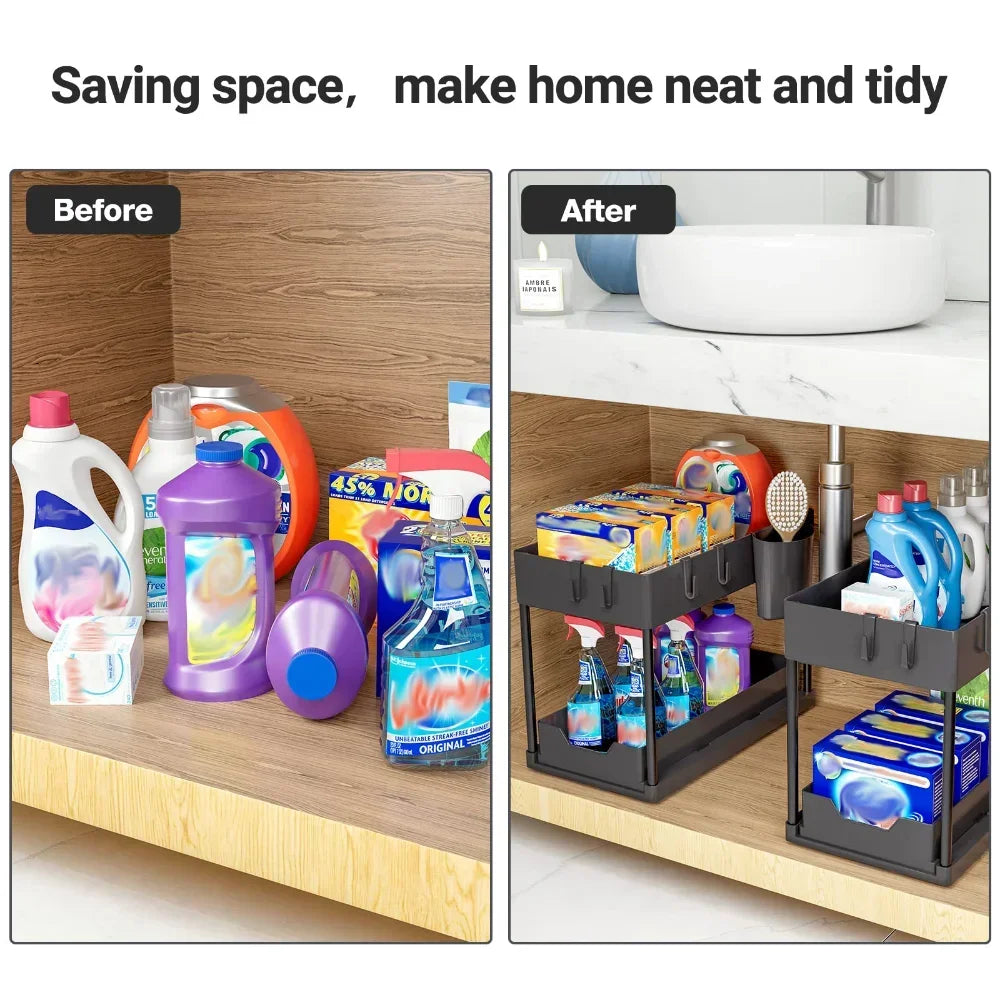 Under Sink Organizers and Storage Large Capacity Heavy Load Pull-out Under Sink Shelves with Sliding Drawer for Kitchen Bathroom