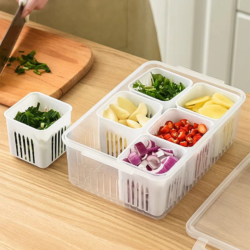 4/6 Grid Food Storage Box with Lids Kitchen Food Meat Onion Ginger Garlic Vegetable Fruit Fresh-keeping Storage Drain Basket Box