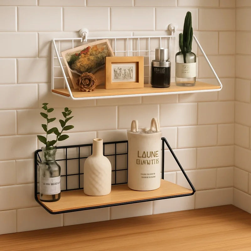 Wooden Wall Shelf with Storage Basket