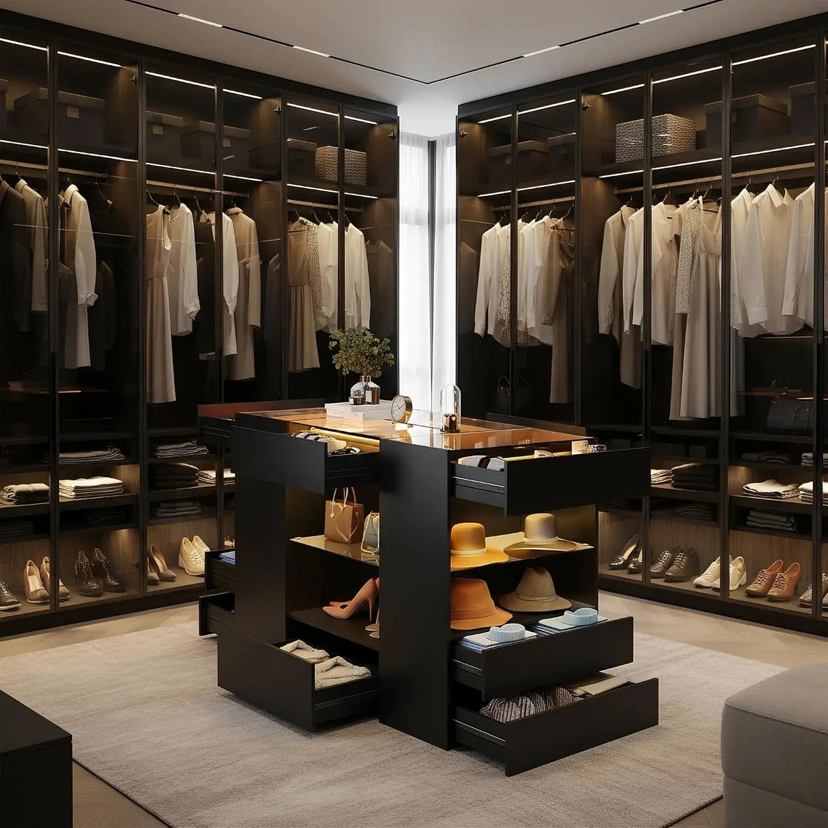 Closet Island with 10 Drawers & LED, Glass Top Wardrobe with Shelf for Walk-in Cloakroom & Dressing Room, Customized