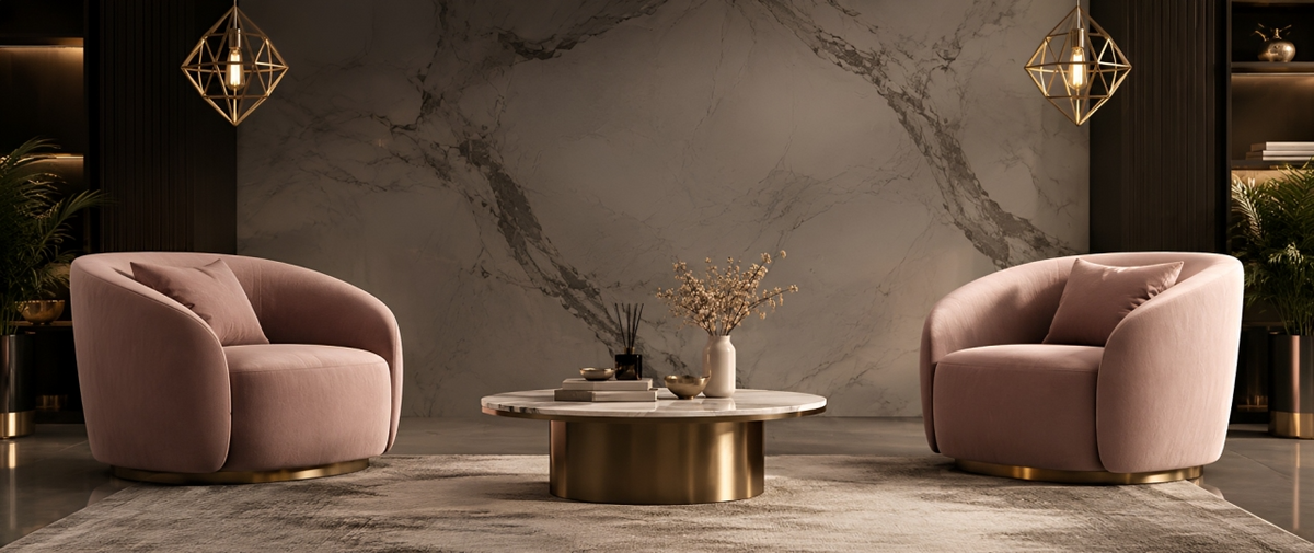 Luxury interior with blush lounge chairs and marble wall